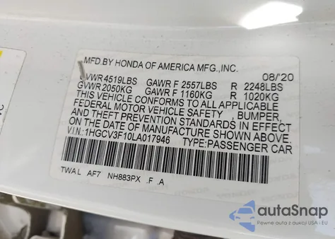 2020 Honda Accord Hybrid from USA, damaged, VIN 1HGCV3F10LA017946